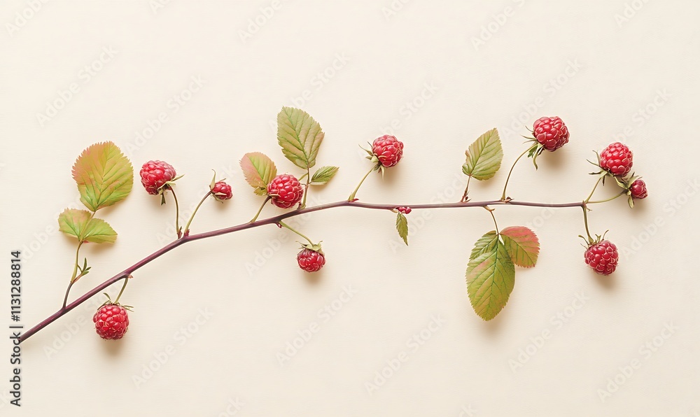 Poster raspberry branch with ripe berries and leaves on beige