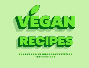 Naklejka premium Vector eco concept Vegan Recipes. Bright Green 3D Font. Isometric Alphabet Letters and Numbers set.