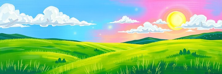 Obraz premium painting of landscape with green grass and blue sky
