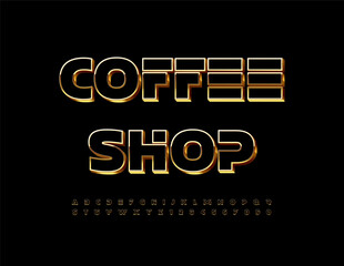coffeVector elite sign Coffee Shop. Abstract Futuristic Alphabet Letters and Numbers set. Unique Black and Gold Font
