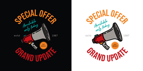 Fototapeta premium Emblem with the image of a megaphone. Original vector illustration in vintage style. T-shirt design.