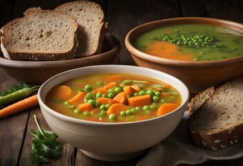 A rustic wooden table holds a bowl of vegetable soup with carrots and peas, served with a slice of whole grain bread, ai.