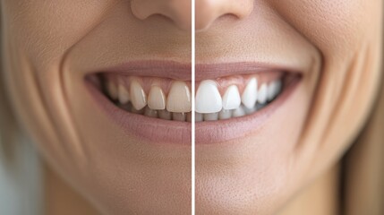 Before and After: A split image showing before and after a dental procedure, focusing on the improved smile, with a clean background. 