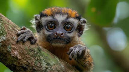 Obraz premium A close-up of a small monkey perched on a tree branch, showcasing its expressive eyes.