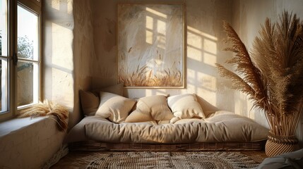 Fototapeta premium A rustic wicker daybed in the corner of the room