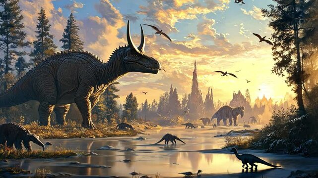 Prehistoric Dawn: A majestic triceratops stands tall against a breathtaking sunrise, its silhouette framed by the ancient forest and a flock of pterosaurs soaring overhead.
