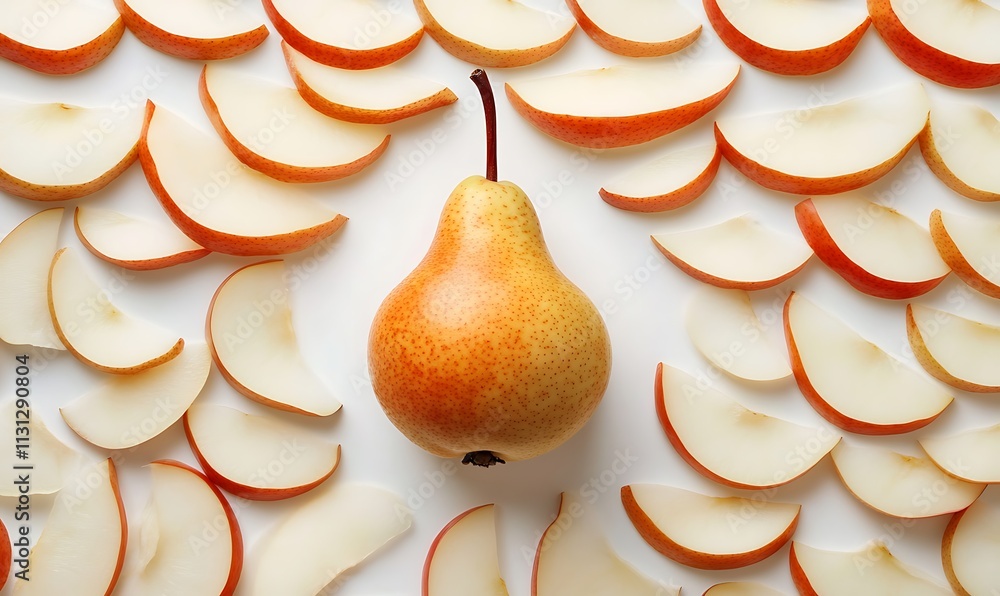 Poster a whole pear surrounded by its sliced segments