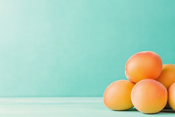 Fresh, ripe apricots resting on a light blue surface create a vibrant and inviting display in soft lighting