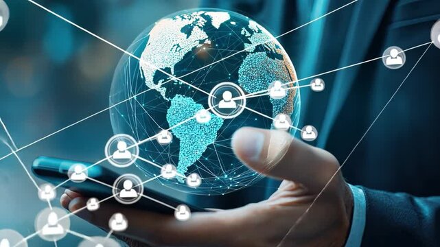 Global Network in Hand: A businessman's hand cradles a digital globe, showcasing interconnectedness and global reach.  The image symbolizes international collaboration, networking.