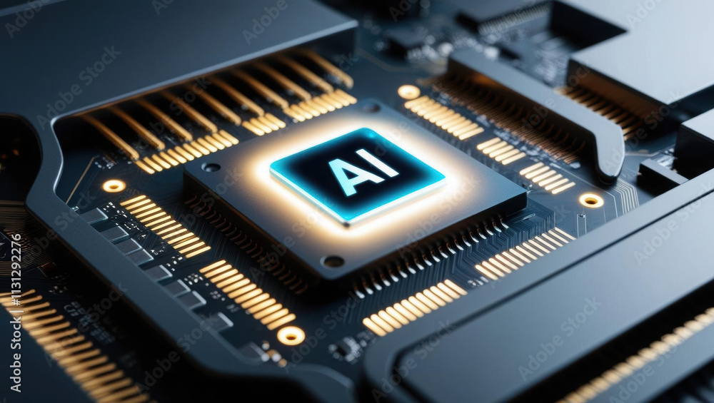 Poster close up of glowing ai chip embedded in sleek motherboard, surrounded by intricate circuitry and dig