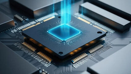 close up of glowing AI chip on sleek motherboard with intricate circuitry and digital lights, showcasing advanced technology and innovation