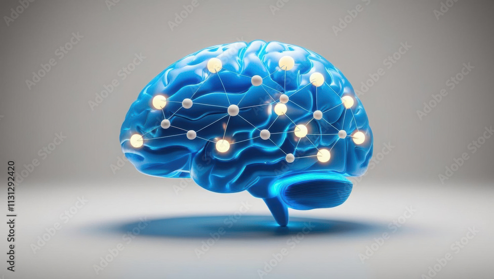 Poster glowing 3d brain formed from interconnected nodes and data points symbolizes ai intelligence and aut