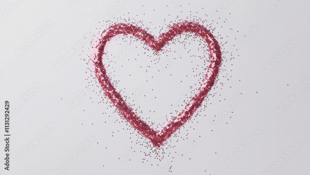 Poster flat lay of heart shape made with pink glitter on white background, creating romantic and festive at