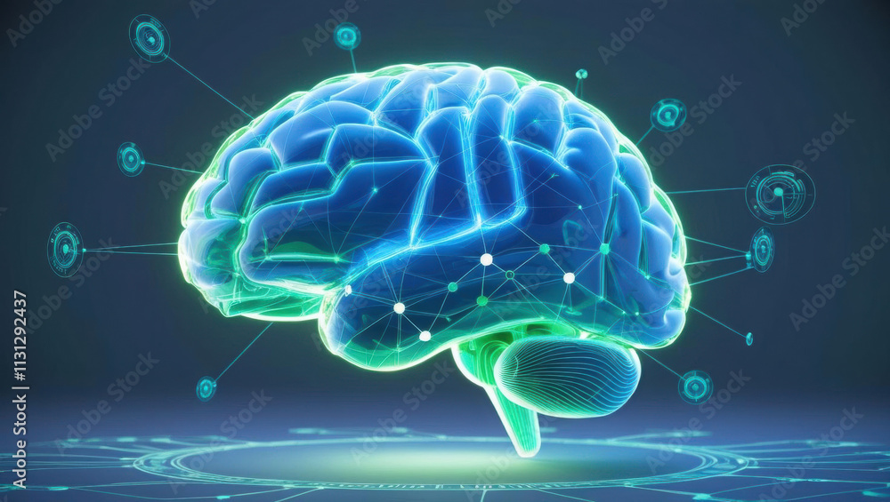 Poster glowing 3d brain formed from interconnected nodes and data points symbolizes ai intelligence and aut