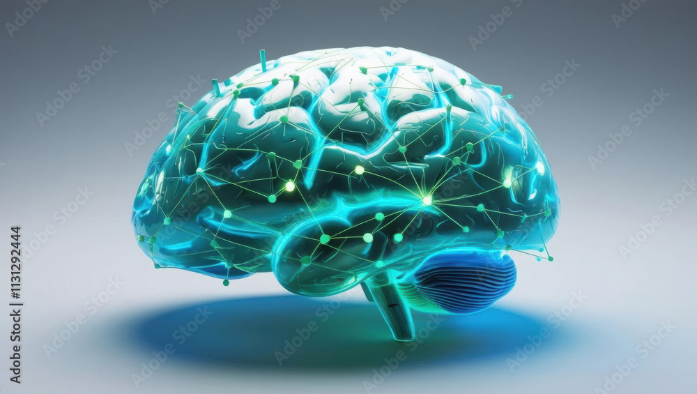 Poster glowing 3d brain formed from interconnected nodes and data points symbolizes ai intelligence and aut