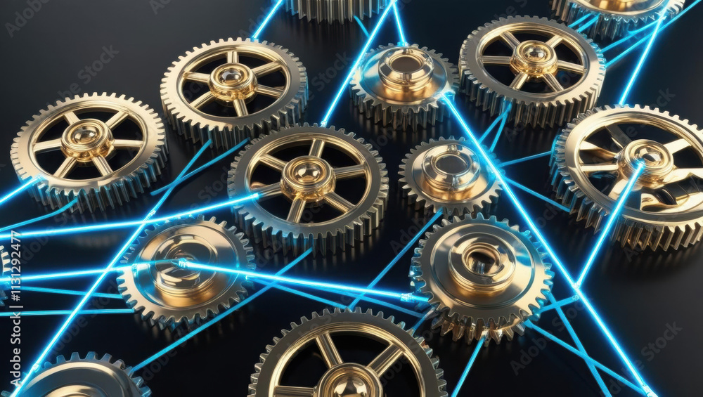 Poster glowing network of interconnected gears with bright lines symbolizes ai automation systems, showcasi