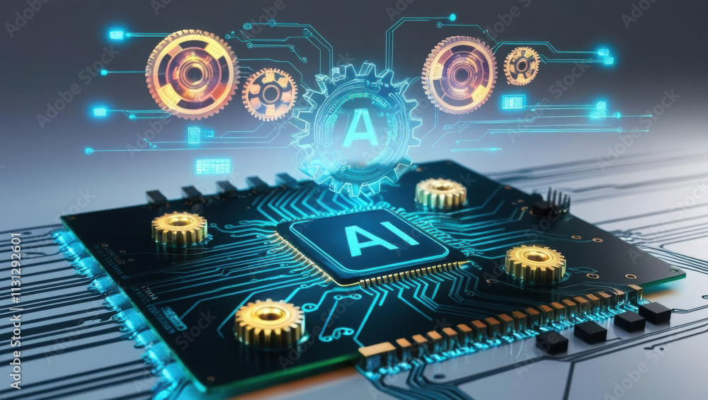 Poster symbolic image of glowing ai circuit board with holographic gears and data streams, showcasing advan
