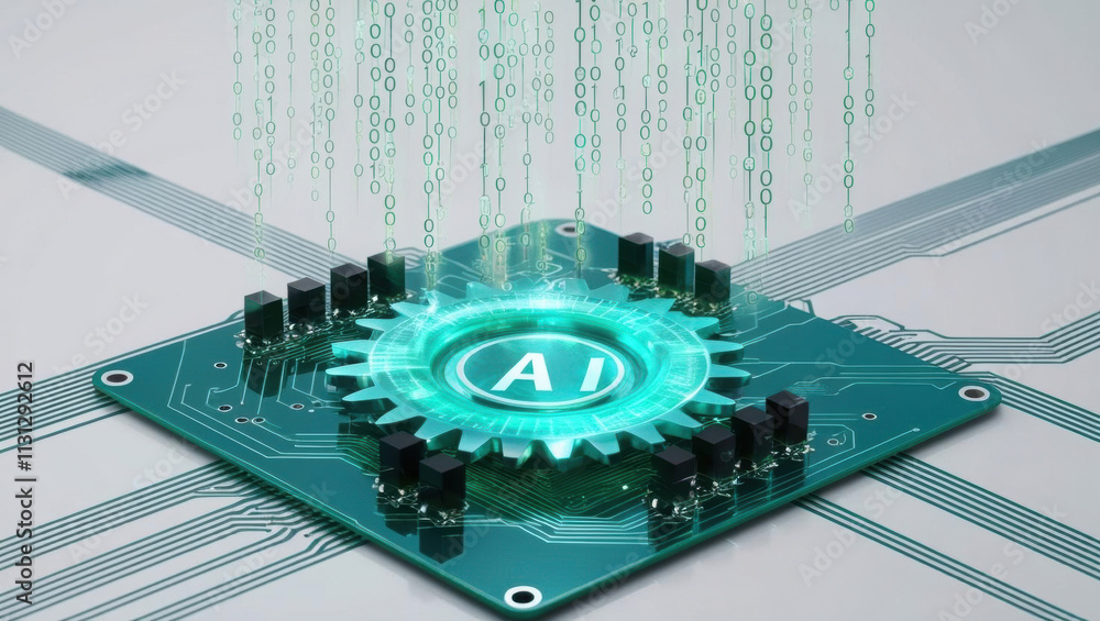 Poster glowing ai circuit board with holographic gears and data streams, symbolizing technology and innovat