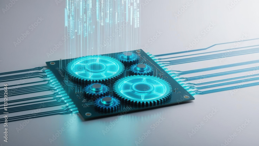Poster glowing ai circuit board with holographic gears and data streams, symbolizing technology and innovat
