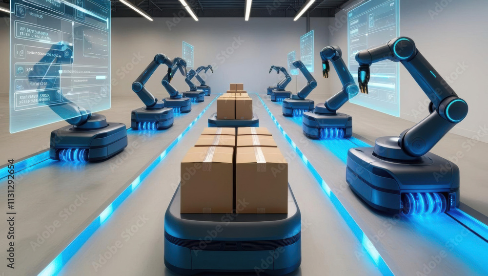 Poster efficient ai controlled robots sorting and transporting packages in modern warehouse, surrounded by 