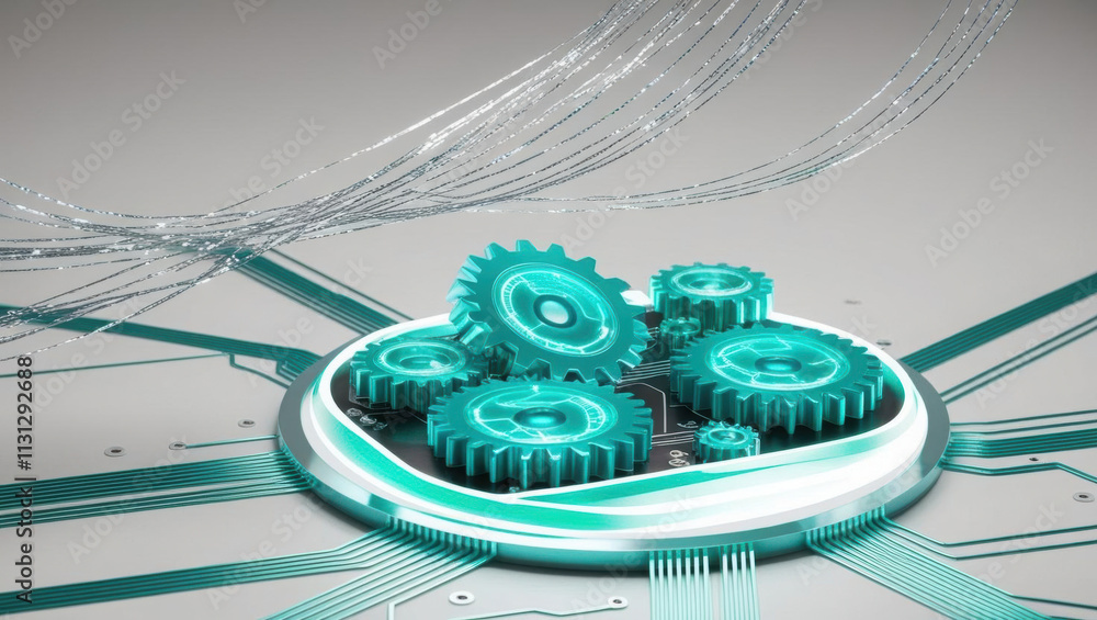 Poster glowing ai circuit board with holographic gears and data streams, showcasing advanced technology and