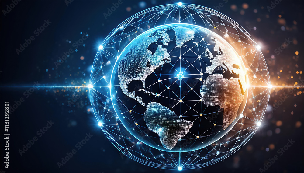 Poster conceptual illustration of digital globe with interconnected data nodes, showcasing vibrant network 