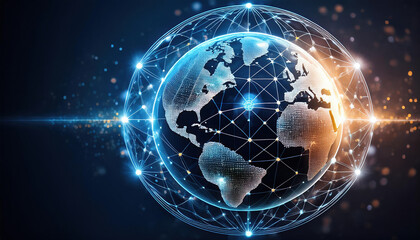 Obraz premium conceptual illustration of digital globe with interconnected data nodes, showcasing vibrant network of glowing icons and connections