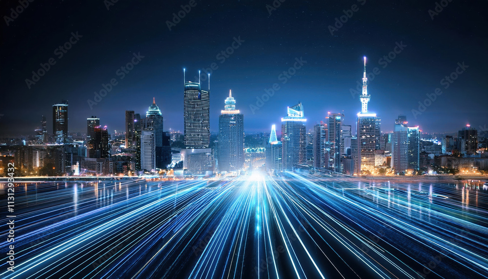 Poster vibrant smart city skyline at night, illuminated with glowing pathways representing AI powered data flow, showcasing modern architecture and technology