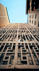 urban building facade with intricate soviet geometric design, capturing the essence of modern...