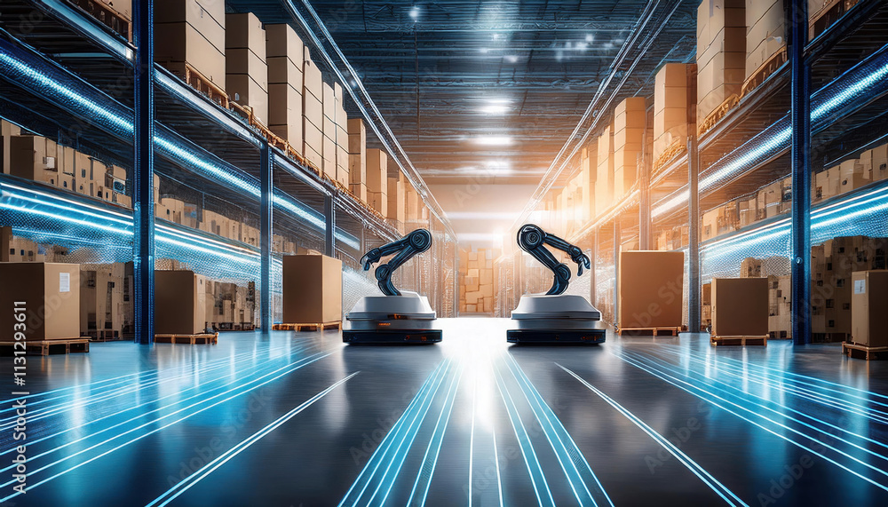 Poster efficient ai controlled robots sorting and transporting packages in modern warehouse, showcasing adv