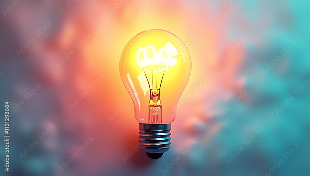 Poster bright ideas for creative concepts emerge from a colorful lightbulb amidst a soft pastel colored bac
