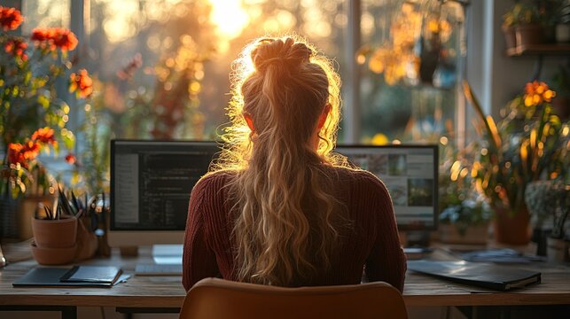 Young woman organizing home office for increased productivity