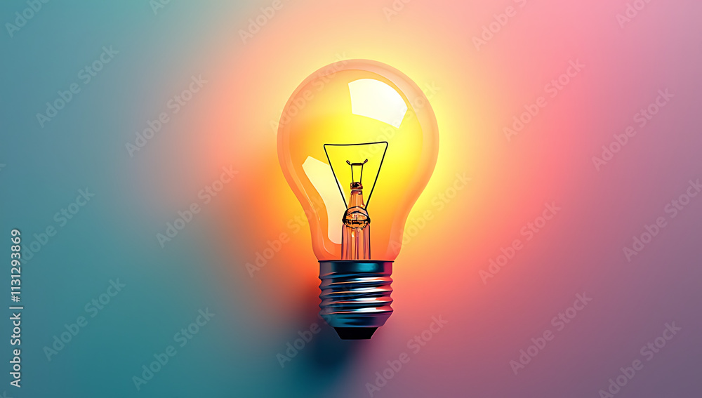 Poster bright ideas for creative concepts emerge from a colorful lightbulb amidst a soft pastel colored bac