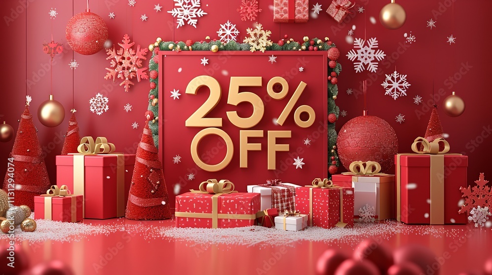 Poster festive shopping is occurring in this 3d winter scene consisting of snowflakes and presents over red