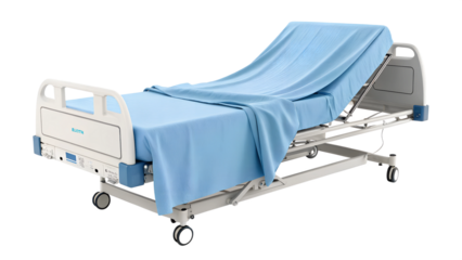 A hospital bed draped with a serene blue sheet on transparent background | bed in hospital