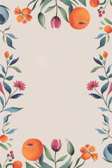 Colorful botanical border with flowers and orange fruits. Bold botanical floral arrangement with fruit accents for spring time flower concept.