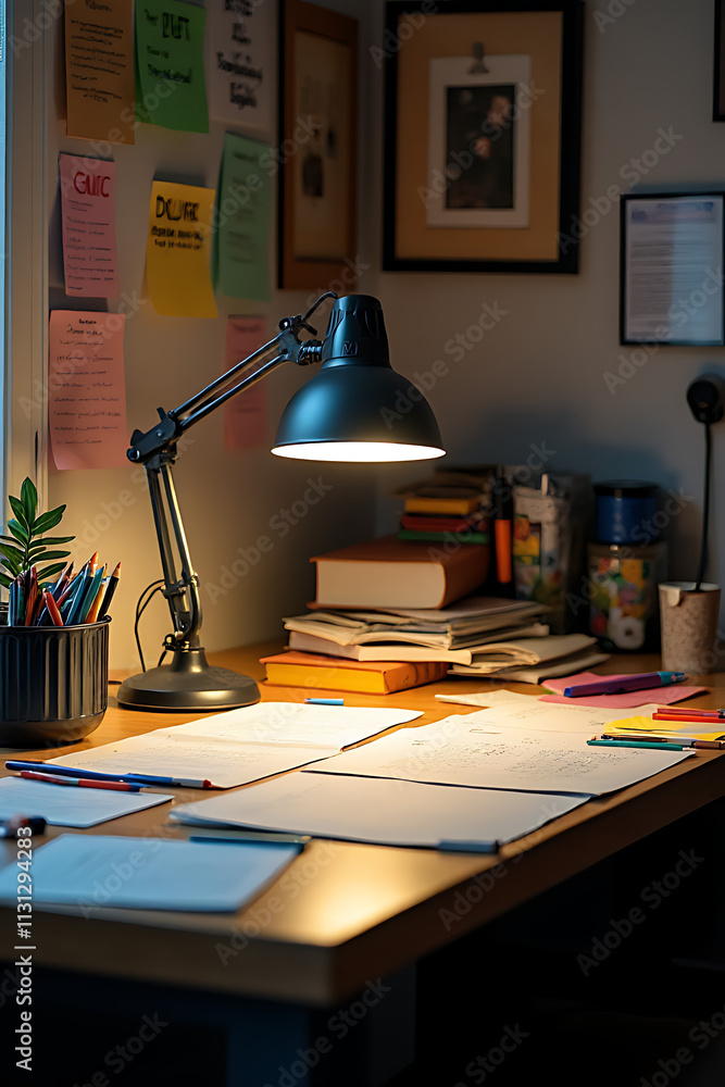 Poster Brainstorming sessions often benefit from a cluttered workspace that includes visual reminders like notes and an illuminated light source nearby._00004_
