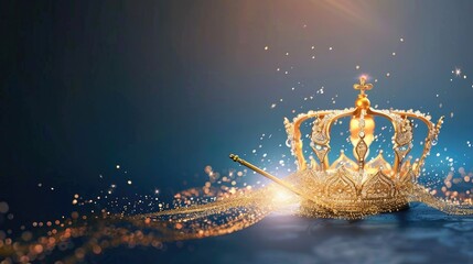 A luxurious abstract design featuring a golden crown and scepter, softly glowing on a royal blue background
