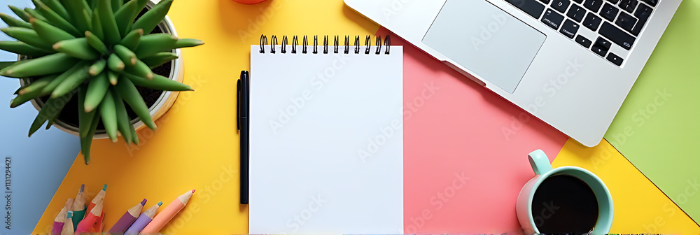 Poster Brainstorming creative concepts with a notepad, coffee, and laptop on a colorful background in a flat lay setup._00004_