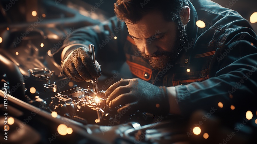 Aufkleber skilled mechanic working on engine components with precision