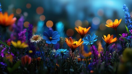 A field of flowers with a blue and orange flower in the middle