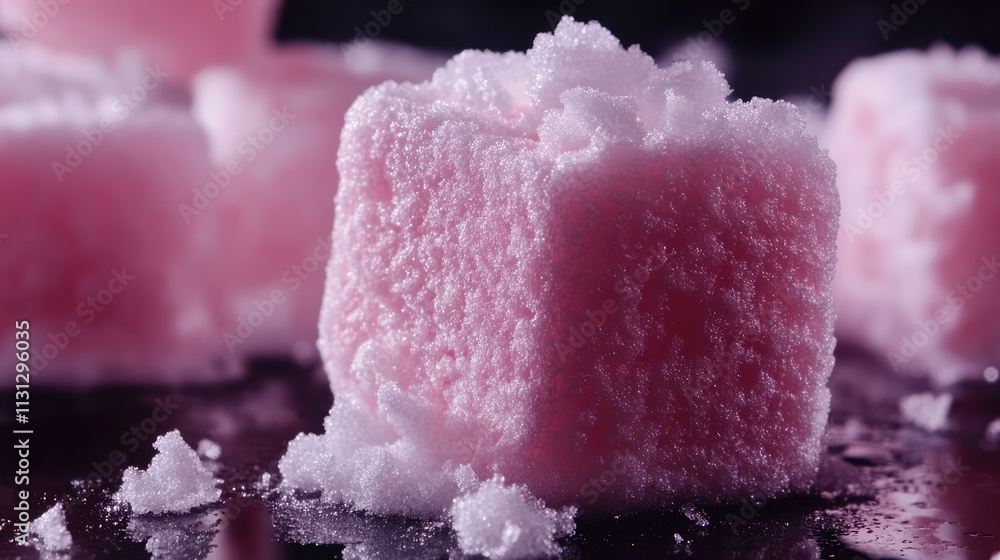 Poster pink fluffy marshmallow zephyr on dark backdrop close up highlighting strawberry flavor and texture 