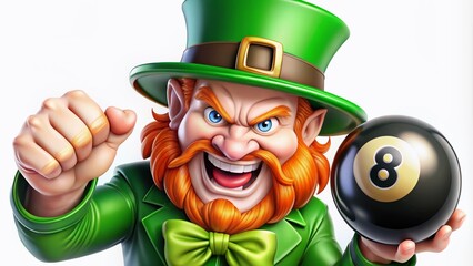 A furious leprechaun billiards mascot grips an 8 ball, displayed in vibrant colors. The panoramic scene captures the whimsical character's intensity and playful spirit in action.