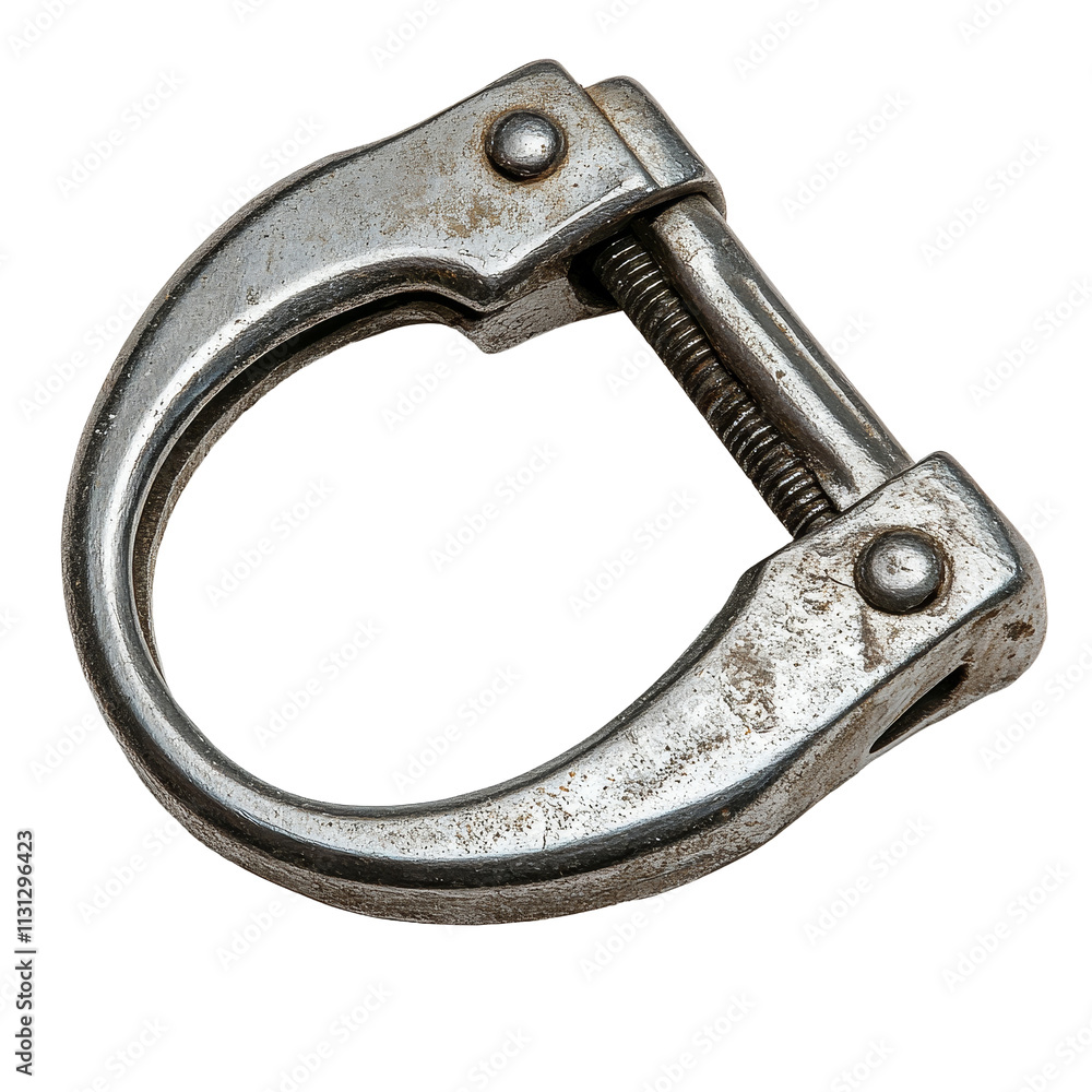 Poster Close-up view of a metallic C-clamp isolated on a transparent background showcasing the tool's design and functionality, Cclamp or Gclamp isolated