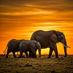 elephant, elephant family, elephant at sunset, elephant in the sunset