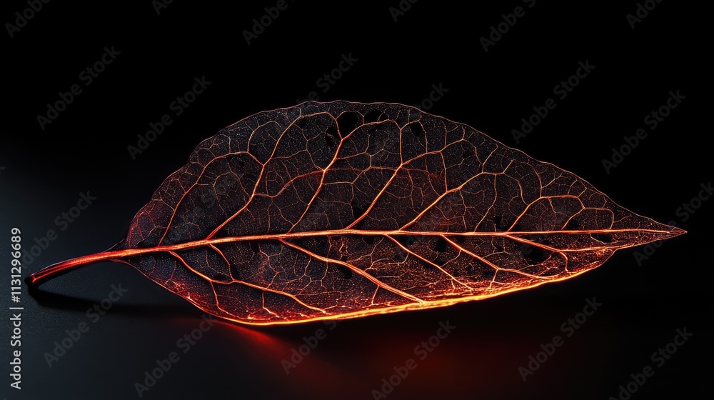 Poster Translucent leaf with illuminated veins showcasing intricate patterns against a dark background highlighting natural beauty and artistry.