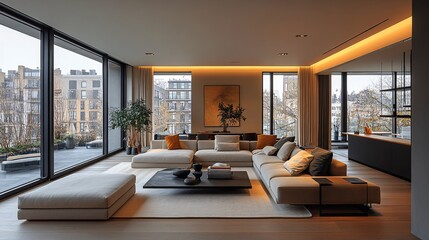 Modern apartment with stylish furniture and open layout