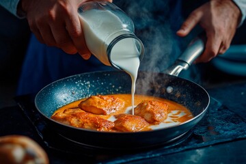 Culinary art unfolds as creamy milk enhances sizzling delights in a pristine kitchen