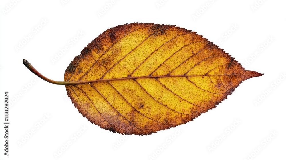 Poster golden autumn leaf isolated on white background showcasing vibrant orange and yellow hues with intri