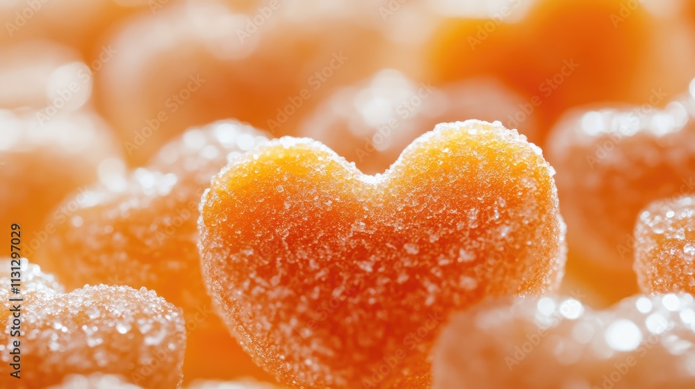Poster Heart-shaped marmalade sweets coated in sugar on a vibrant background creating a cheerful and appetizing visual appeal.